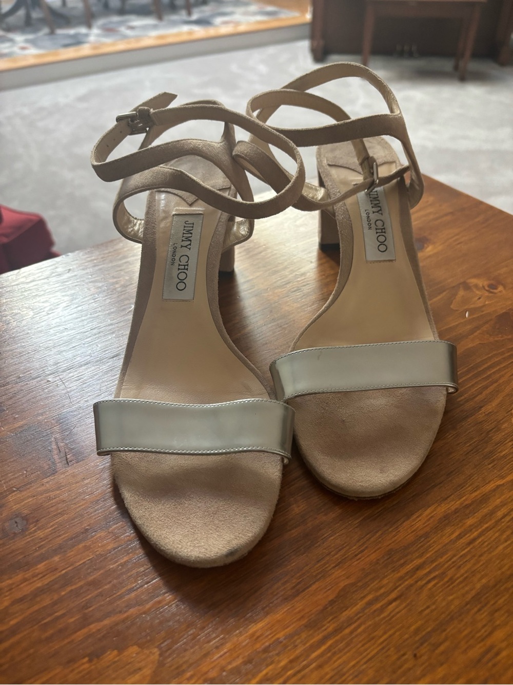 Jimmy Choo Beige and Nude Suede Ankle-Strap Sandals